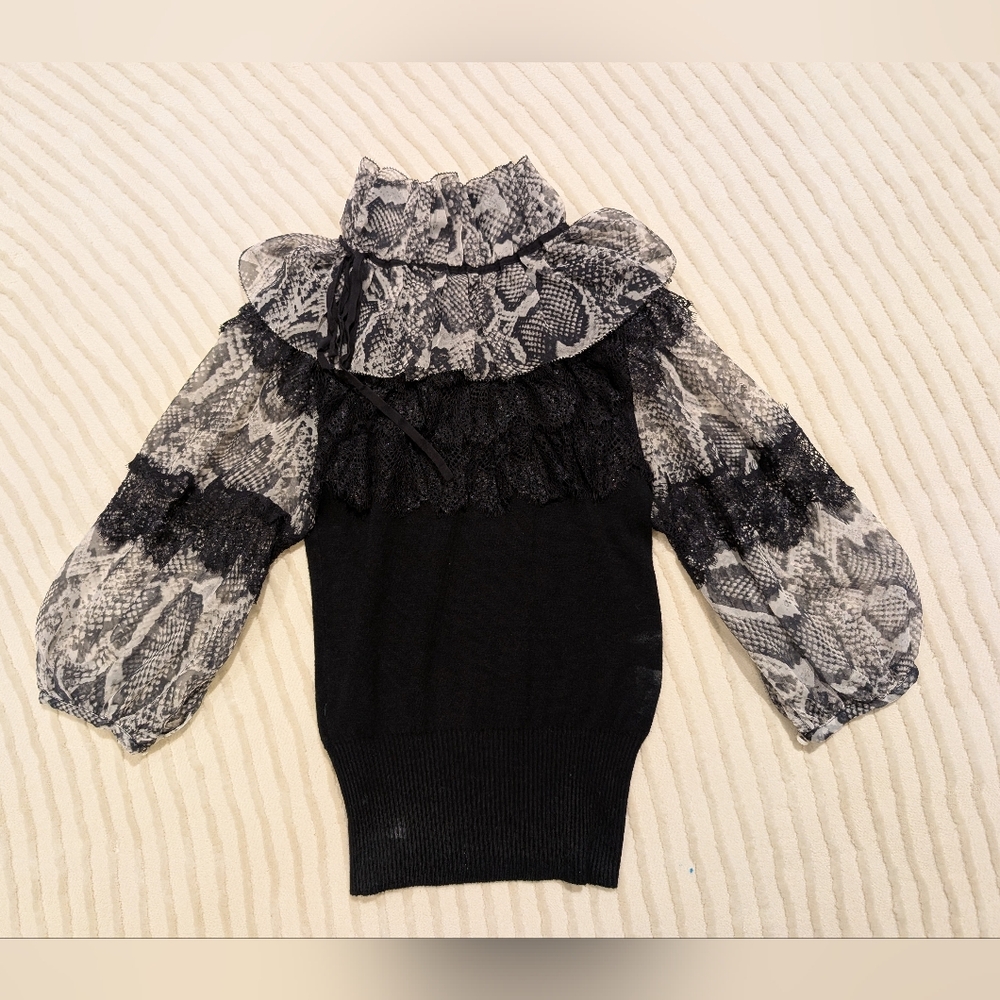 Black and Gray Lace Ruffle Sweater